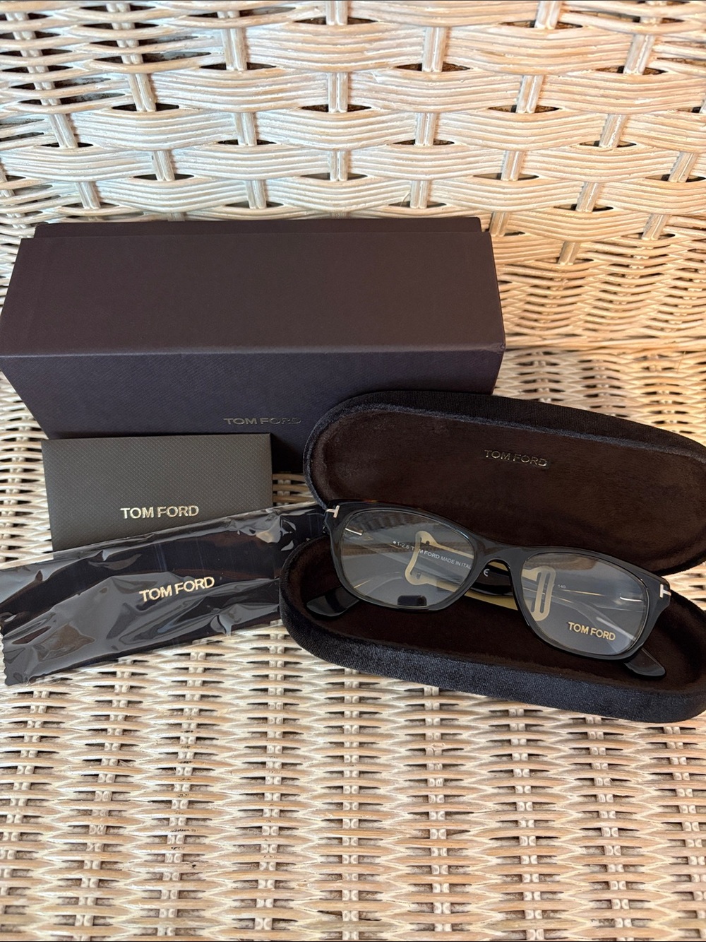 Tom Ford Dark Brown Tortoise and Gold Rectangular Eyeglasses with Case